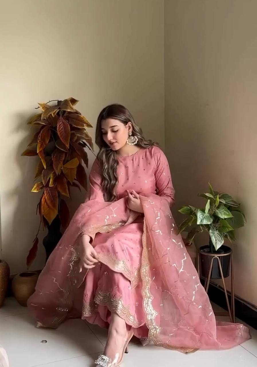 Pink Premium Roman Silk Embroidered Top, Plazzo & Organza Dupatta Set