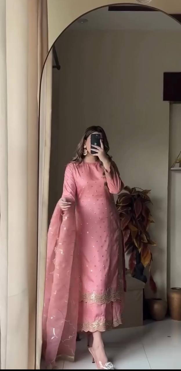 Pink Premium Roman Silk Embroidered Top, Plazzo & Organza Dupatta Set