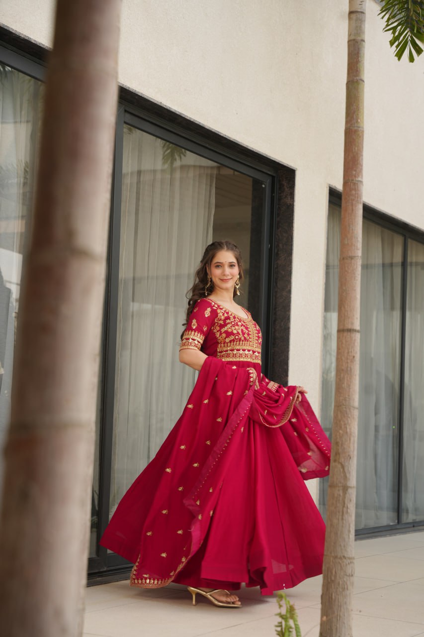 Pink Premium Vichitra Silk Gown with Sequins & Zari Embroidery