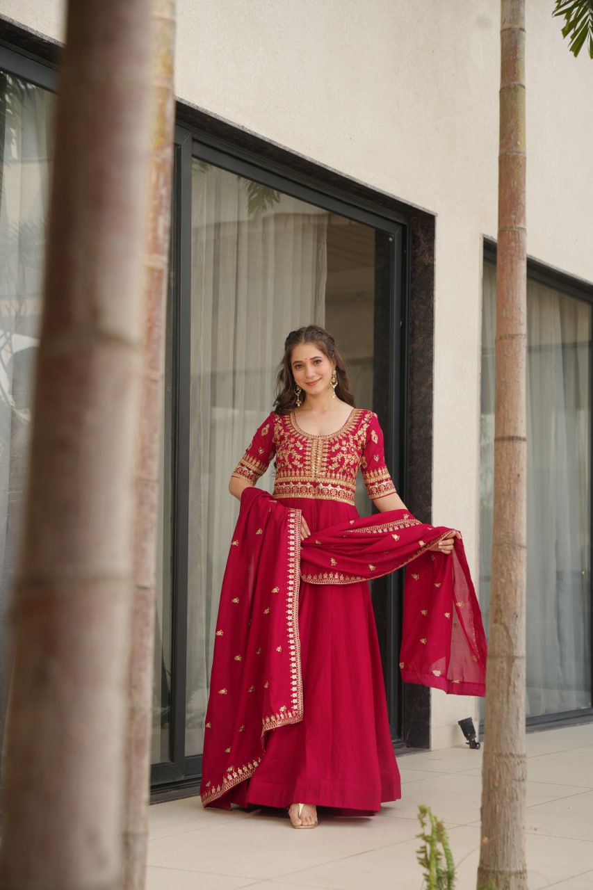 Pink Premium Vichitra Silk Gown with Sequins & Zari Embroidery