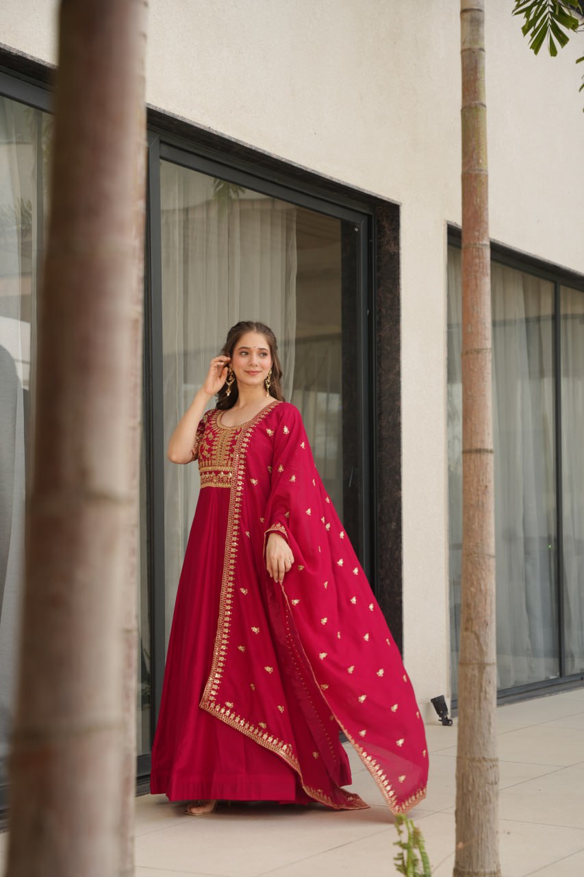 Pink Premium Vichitra Silk Gown with Sequins & Zari Embroidery