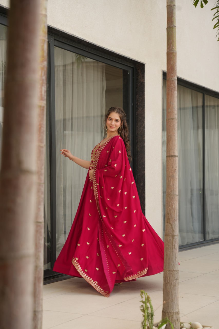 Pink Premium Vichitra Silk Gown with Sequins & Zari Embroidery