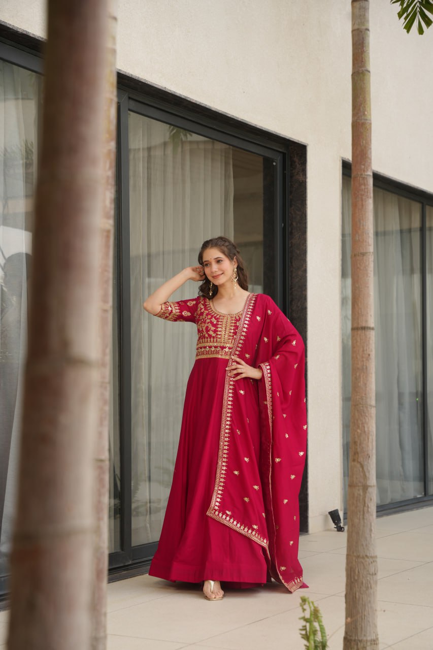 Pink Premium Vichitra Silk Gown with Sequins & Zari Embroidery