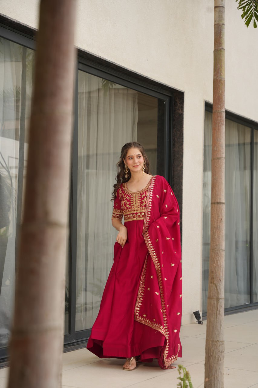 Pink Premium Vichitra Silk Gown with Sequins & Zari Embroidery