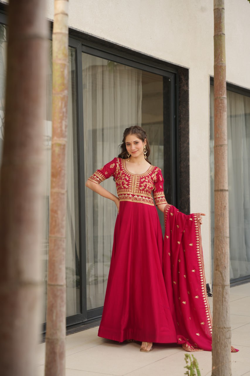 Pink Premium Vichitra Silk Gown with Sequins & Zari Embroidery