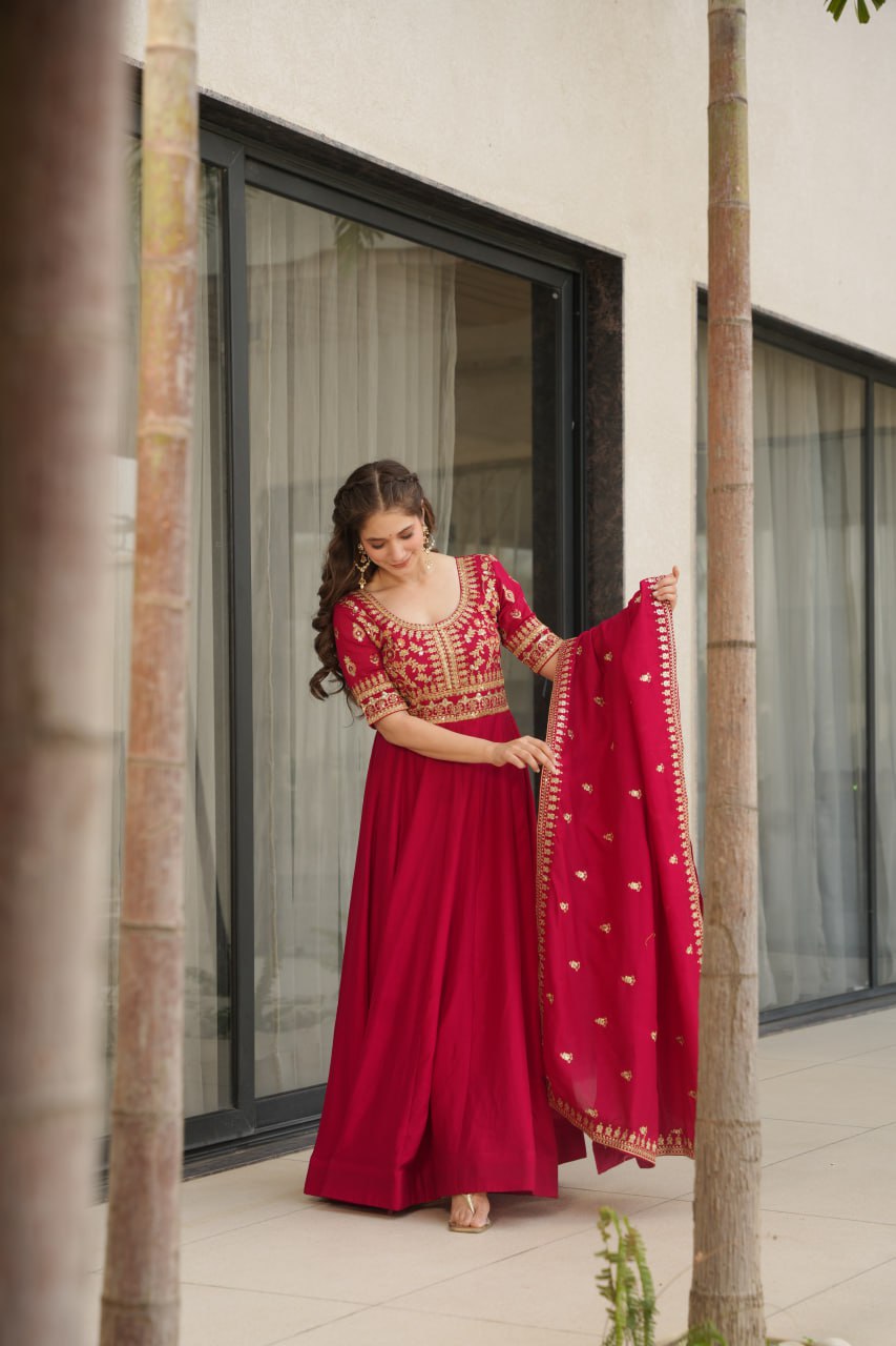 Pink Premium Vichitra Silk Gown with Sequins & Zari Embroidery