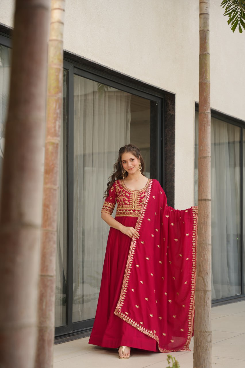 Pink Premium Vichitra Silk Gown with Sequins & Zari Embroidery