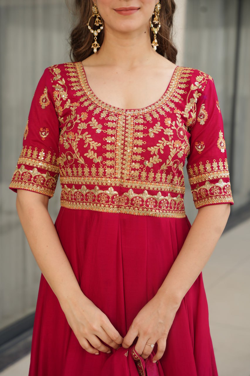 Pink Premium Vichitra Silk Gown with Sequins & Zari Embroidery
