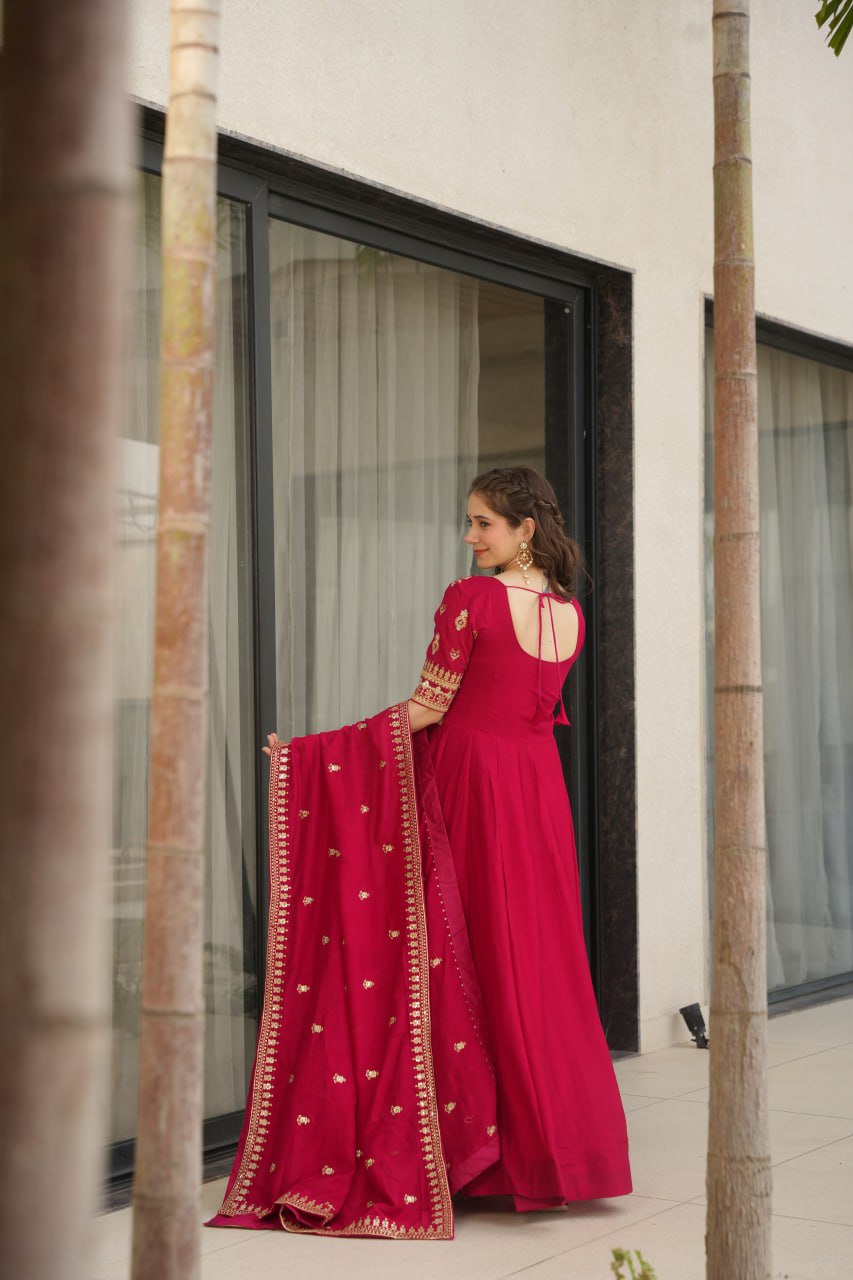 Pink Premium Vichitra Silk Gown with Sequins & Zari Embroidery