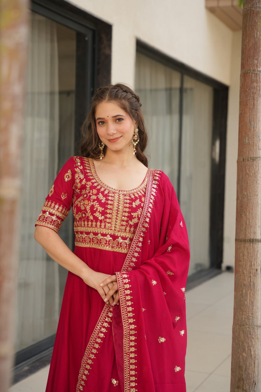 Pink Premium Vichitra Silk Gown with Sequins & Zari Embroidery
