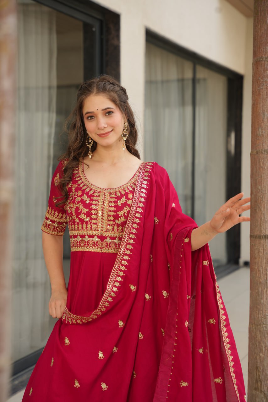 Pink Premium Vichitra Silk Gown with Sequins & Zari Embroidery