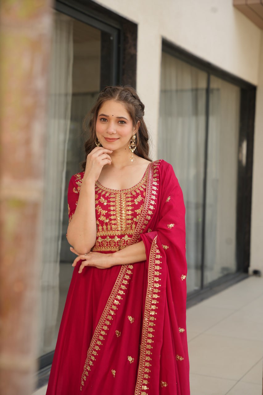 Pink Premium Vichitra Silk Gown with Sequins & Zari Embroidery