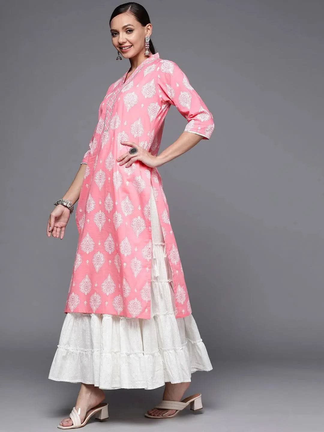 Libas Pink Printed Cotton Straight Kurta