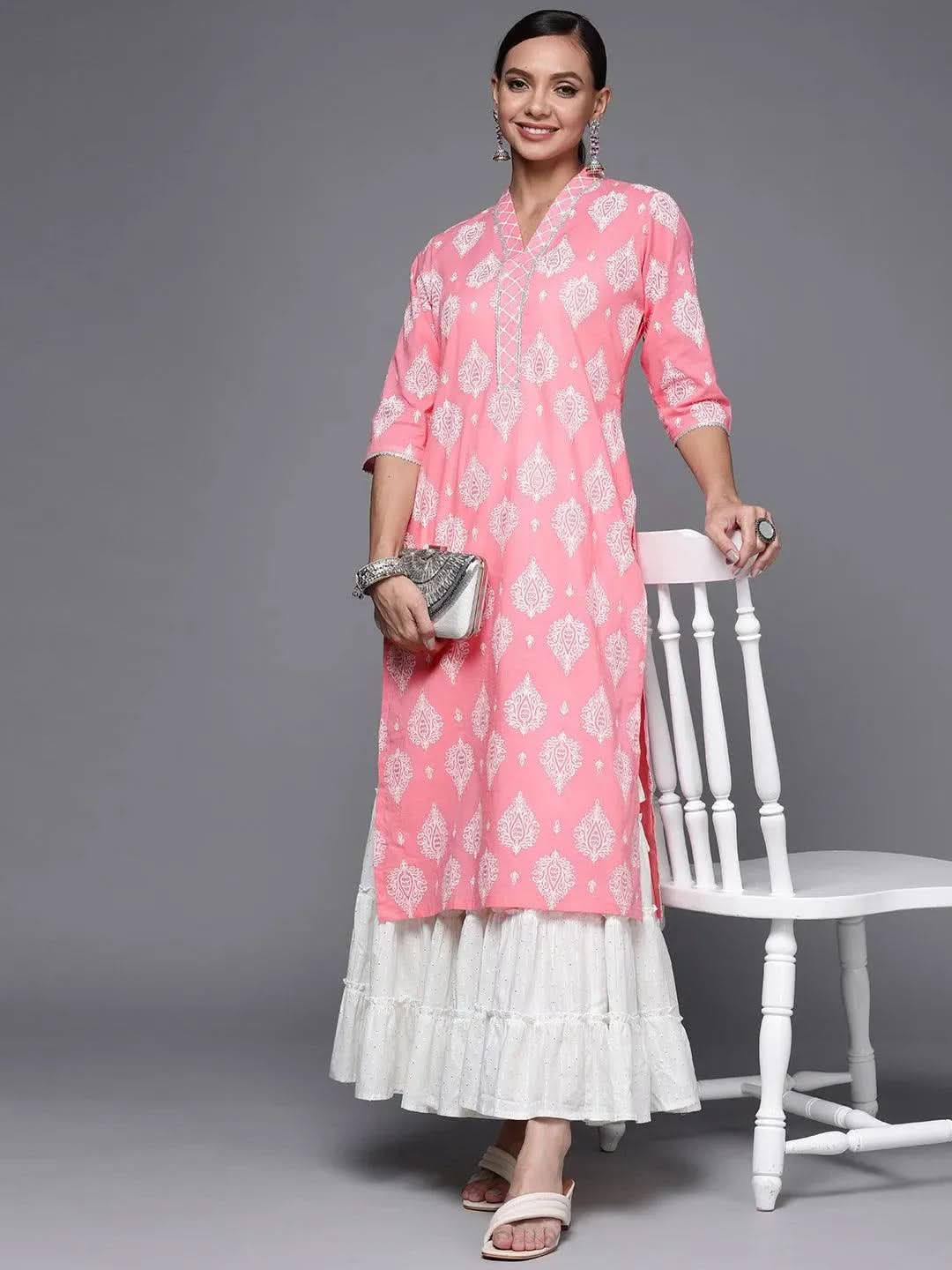 Libas Pink Printed Cotton Straight Kurta