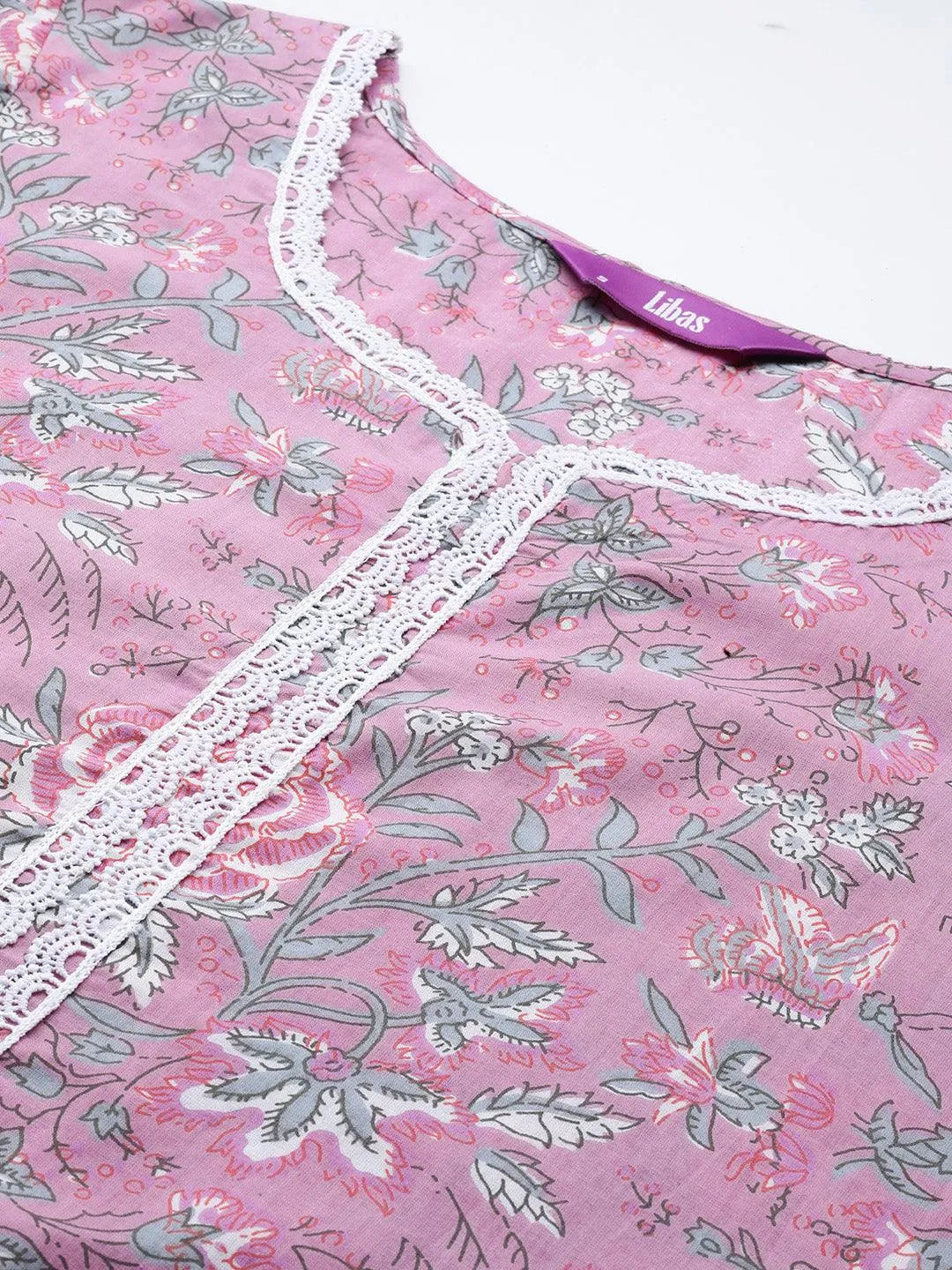 Mameraa Pink Printed Cotton Straight Kurta Set
