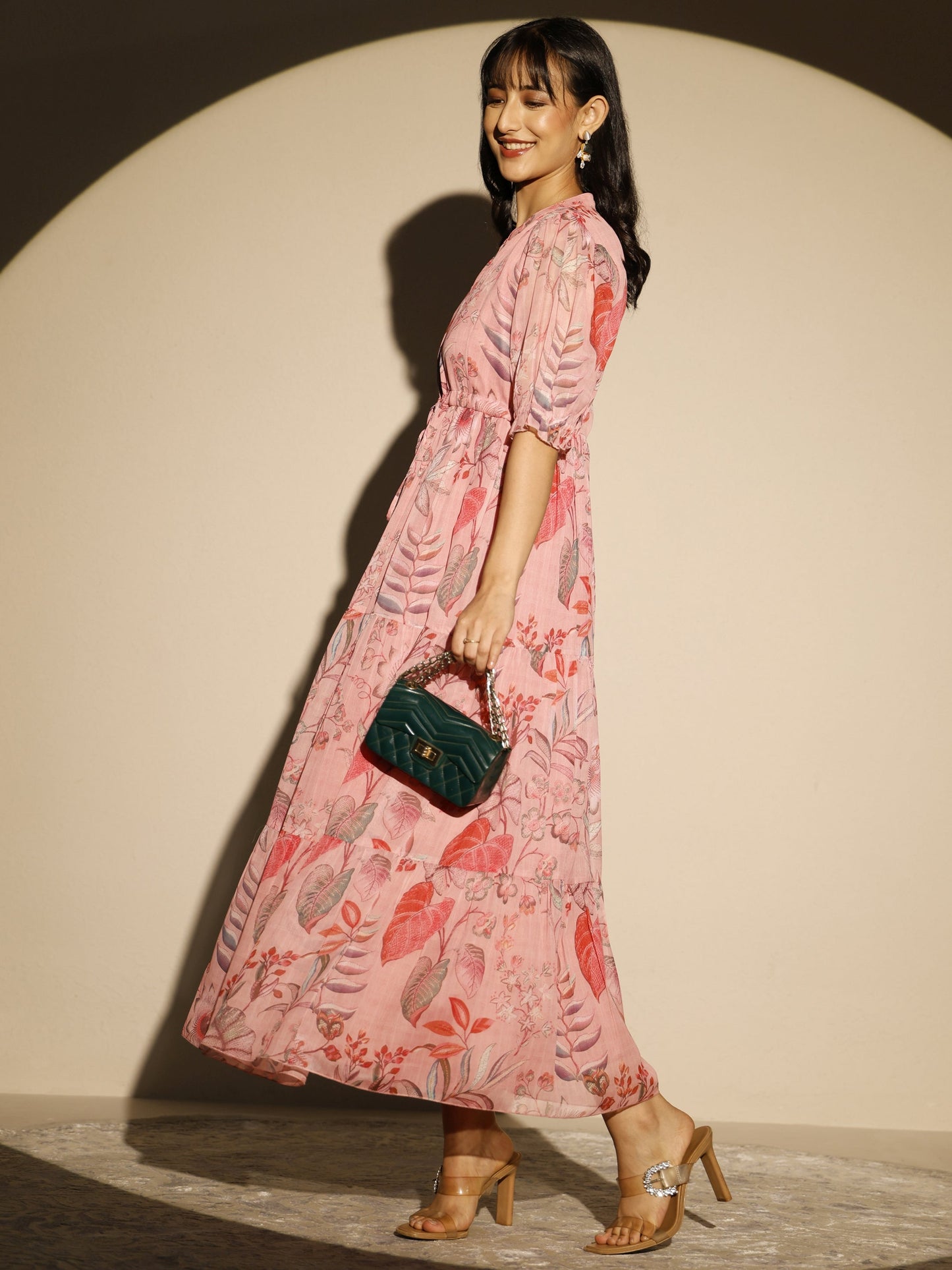 Libas Pink Printed Chiffon Tired Fit and Flare One Piece Dress