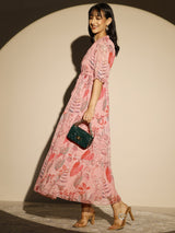 Libas Pink Printed Chiffon Tired Fit and Flare One Piece Dress