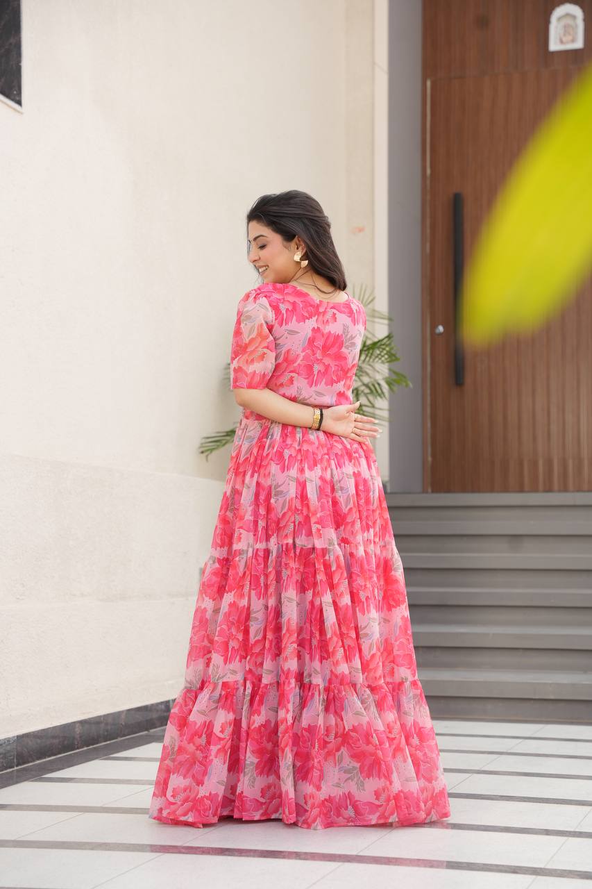 Pink Printed Faux Georgette Gown with Fancy V-Neck | Full Cotton Lining | Ready to Wear