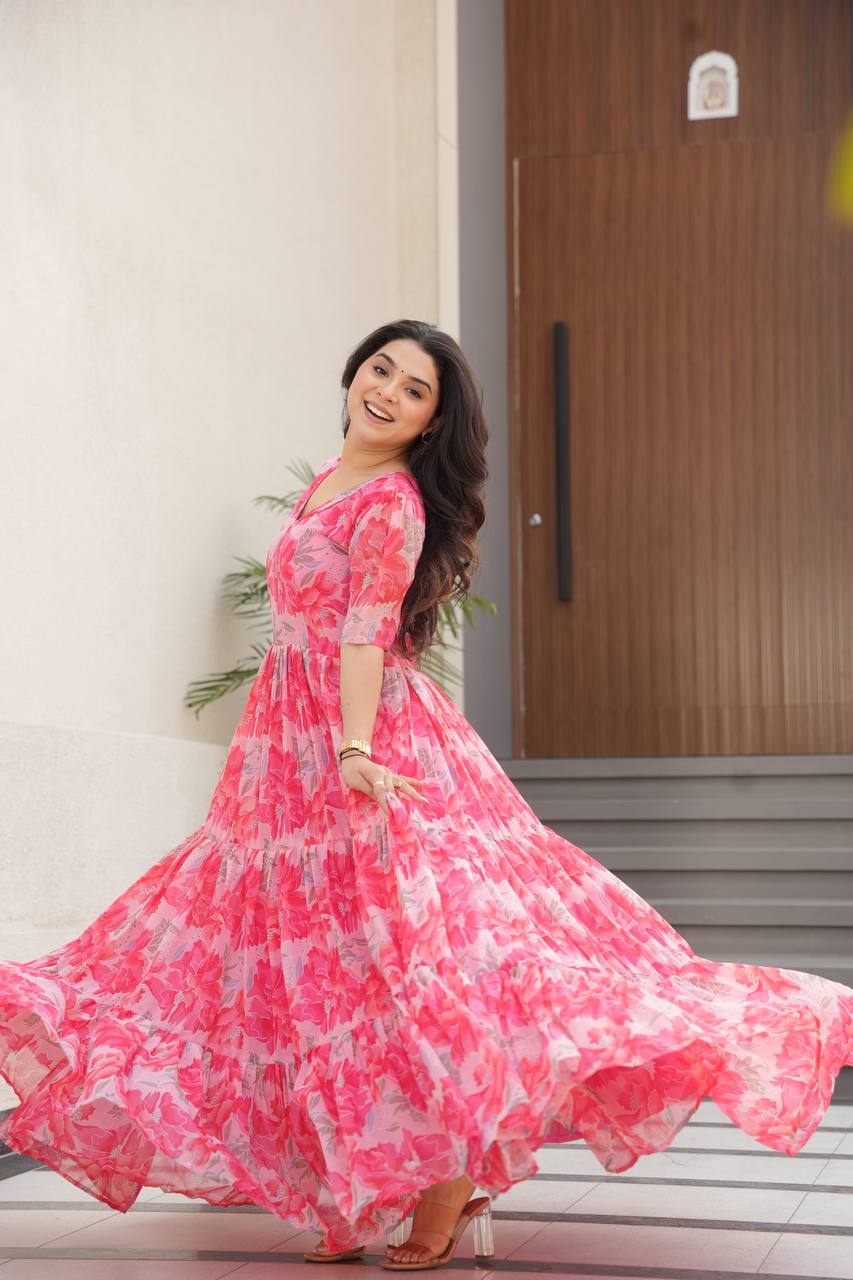 Pink Printed Faux Georgette Gown with Fancy V-Neck | Full Cotton Lining | Ready to Wear