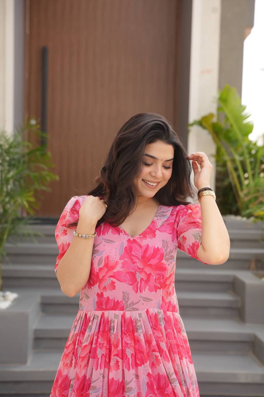 Pink Printed Faux Georgette Gown with Fancy V-Neck | Full Cotton Lining | Ready to Wear