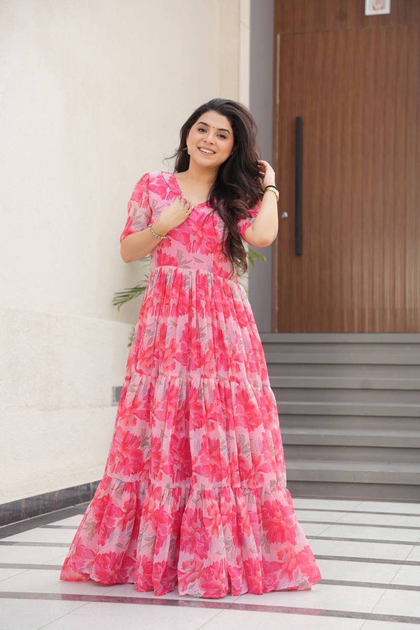 Pink Printed Faux Georgette Gown with Fancy V-Neck | Full Cotton Lining | Ready to Wear