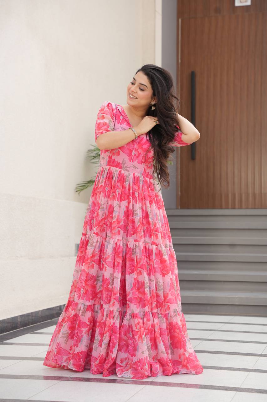 Pink Printed Faux Georgette Gown with Fancy V-Neck | Full Cotton Lining | Ready to Wear