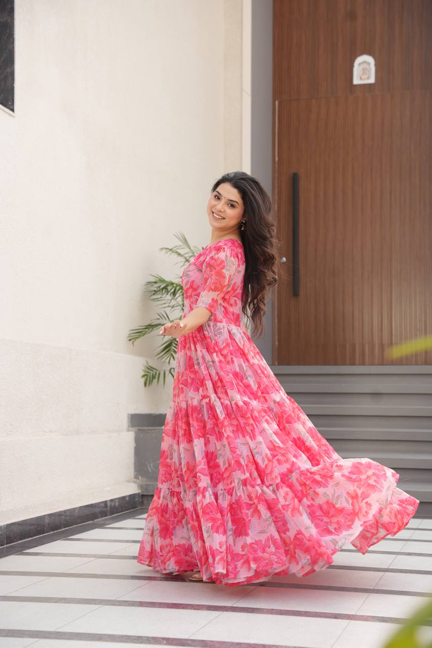 Pink Printed Faux Georgette Gown with Fancy V-Neck | Full Cotton Lining | Ready to Wear