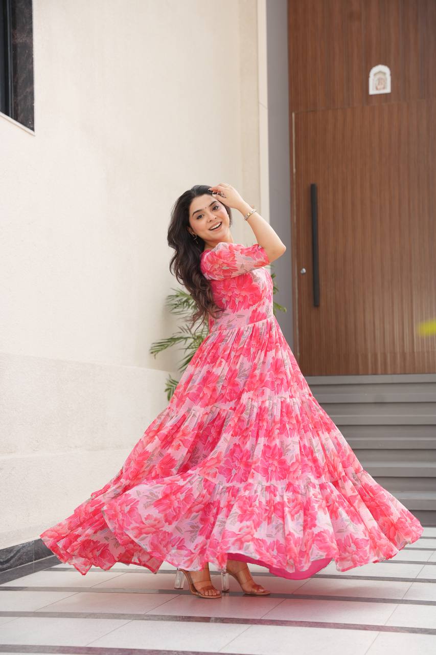 Pink Printed Faux Georgette Gown with Fancy V-Neck | Full Cotton Lining | Ready to Wear