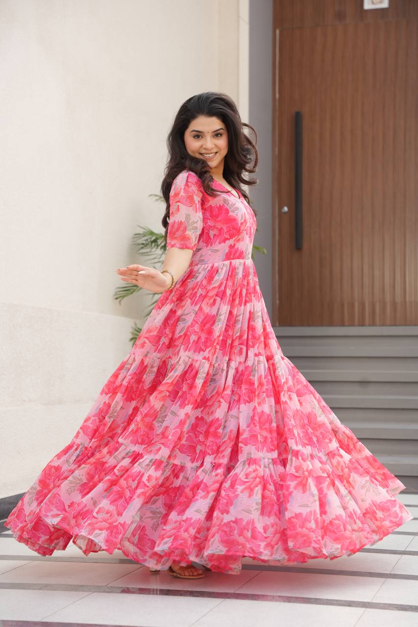 Pink Printed Faux Georgette Gown with Fancy V-Neck | Full Cotton Lining | Ready to Wear