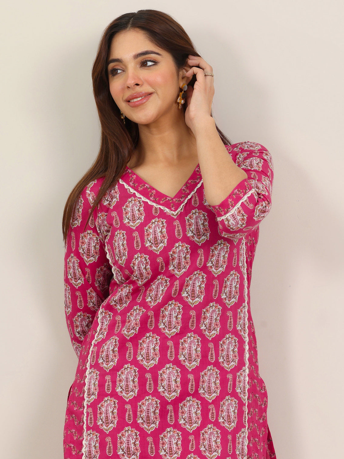 Mameraa Pink Printed Pure Cotton Straight Kurta Set