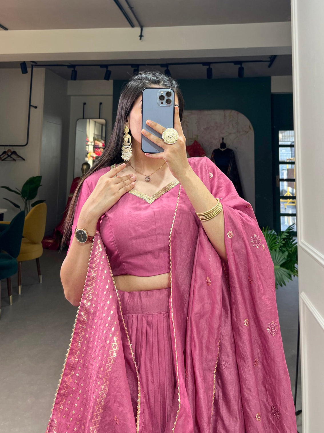 Pink Pure Chanderi Lehenga Choli Set with Zari Border & Sequin Dupatta