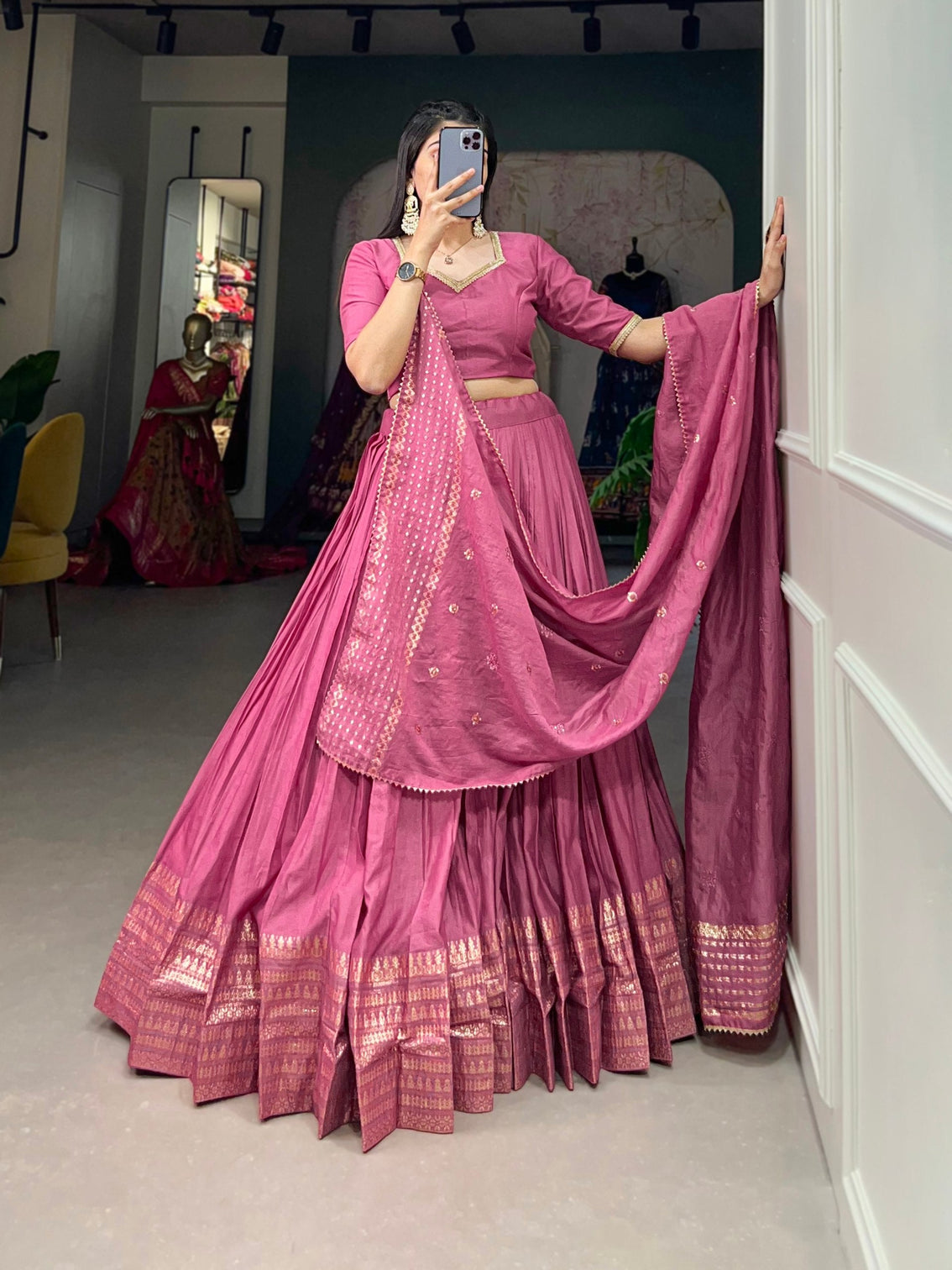 Pink Pure Chanderi Lehenga Choli Set with Zari Border & Sequin Dupatta