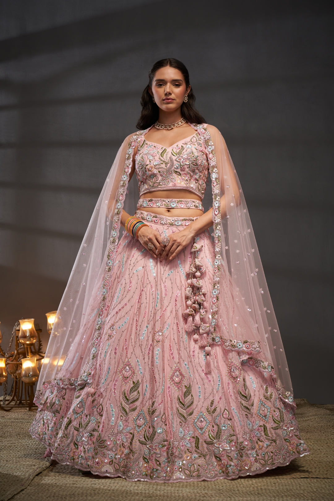 Pink Pure Chiffon Bridal Lehenga Choli Set with Mirror Zari & Heavy Sequin Work