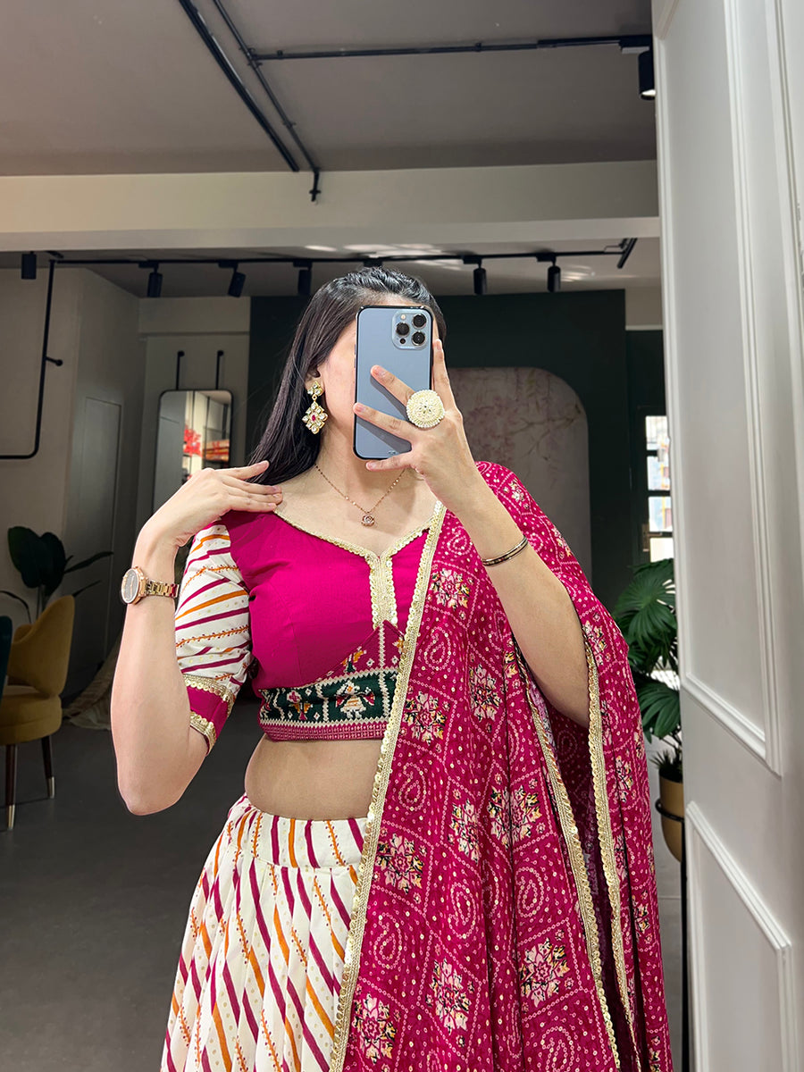 Pink Pure Cotton Lehenga Choli Set with Laheriya Print