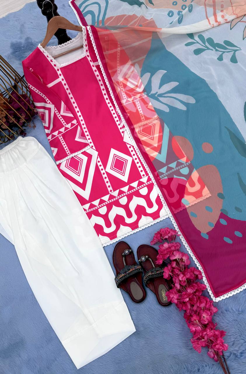 Pink Pure Natural Crepe Digital Printed Kurti Plazzo Set with Chiffon Georgette Dupatta – Fully Stitched