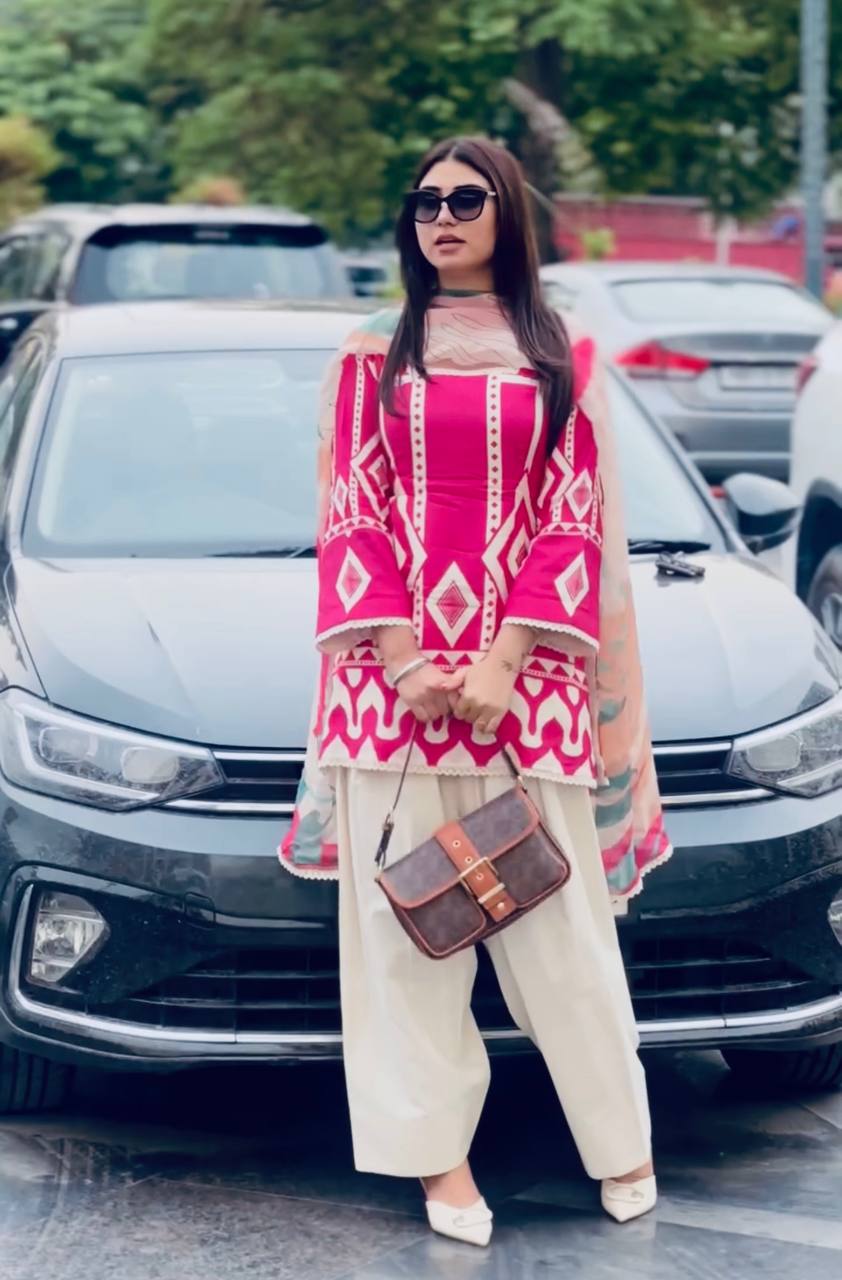 Pink Pure Natural Crepe Digital Printed Kurti Plazzo Set with Chiffon Georgette Dupatta – Fully Stitched