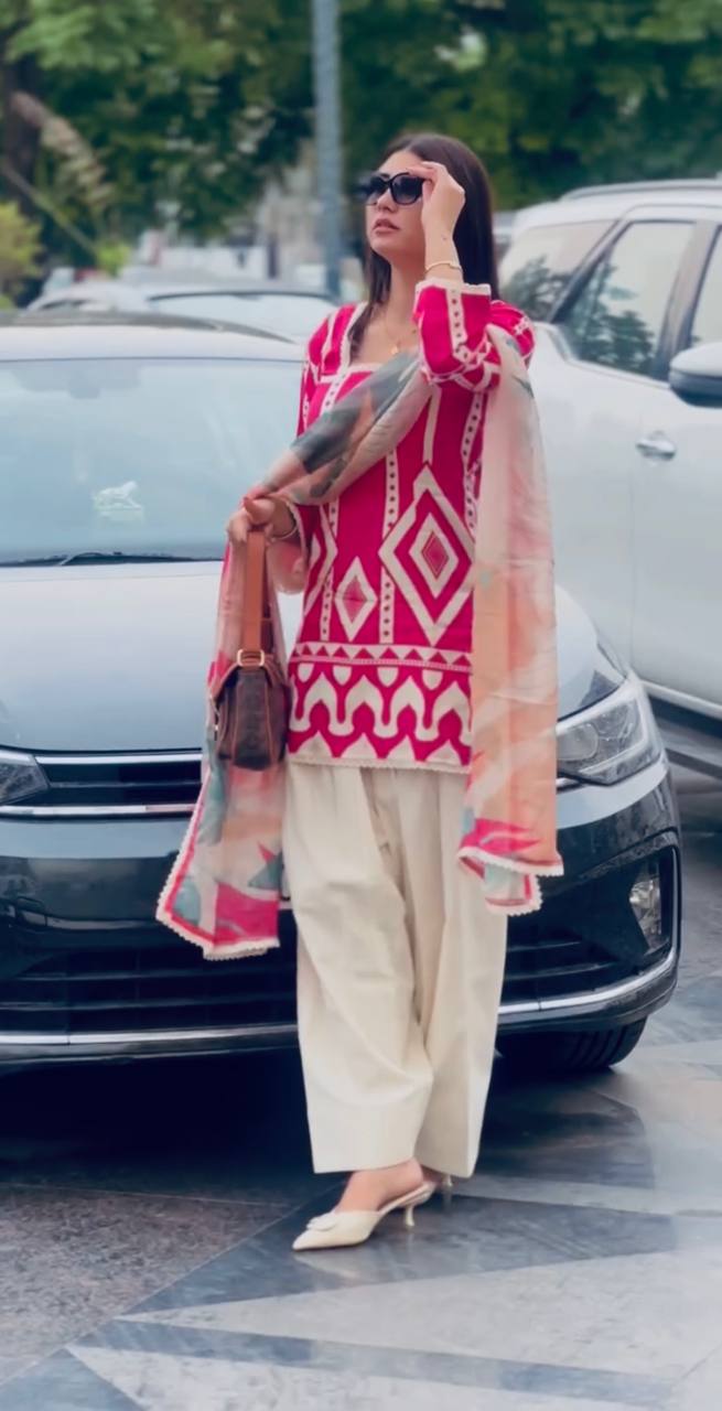 Pink Pure Natural Crepe Digital Printed Kurti Plazzo Set with Chiffon Georgette Dupatta – Fully Stitched