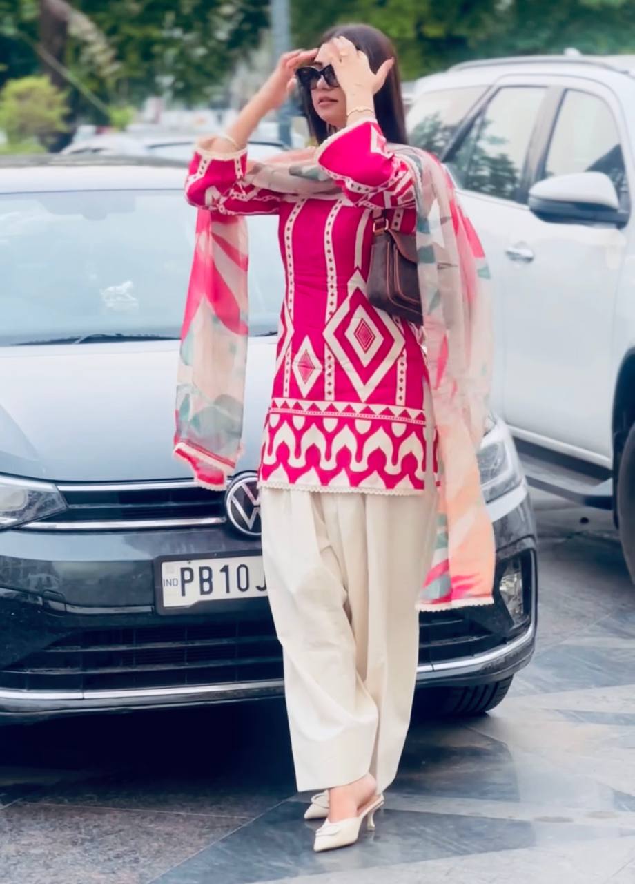 Pink Pure Natural Crepe Digital Printed Kurti Plazzo Set with Chiffon Georgette Dupatta – Fully Stitched
