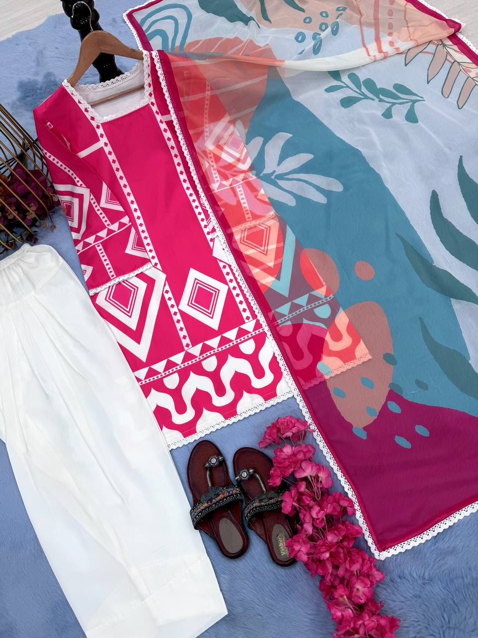 Pink Pure Natural Crepe Digital Printed Kurti Plazzo Set with Chiffon Georgette Dupatta – Fully Stitched