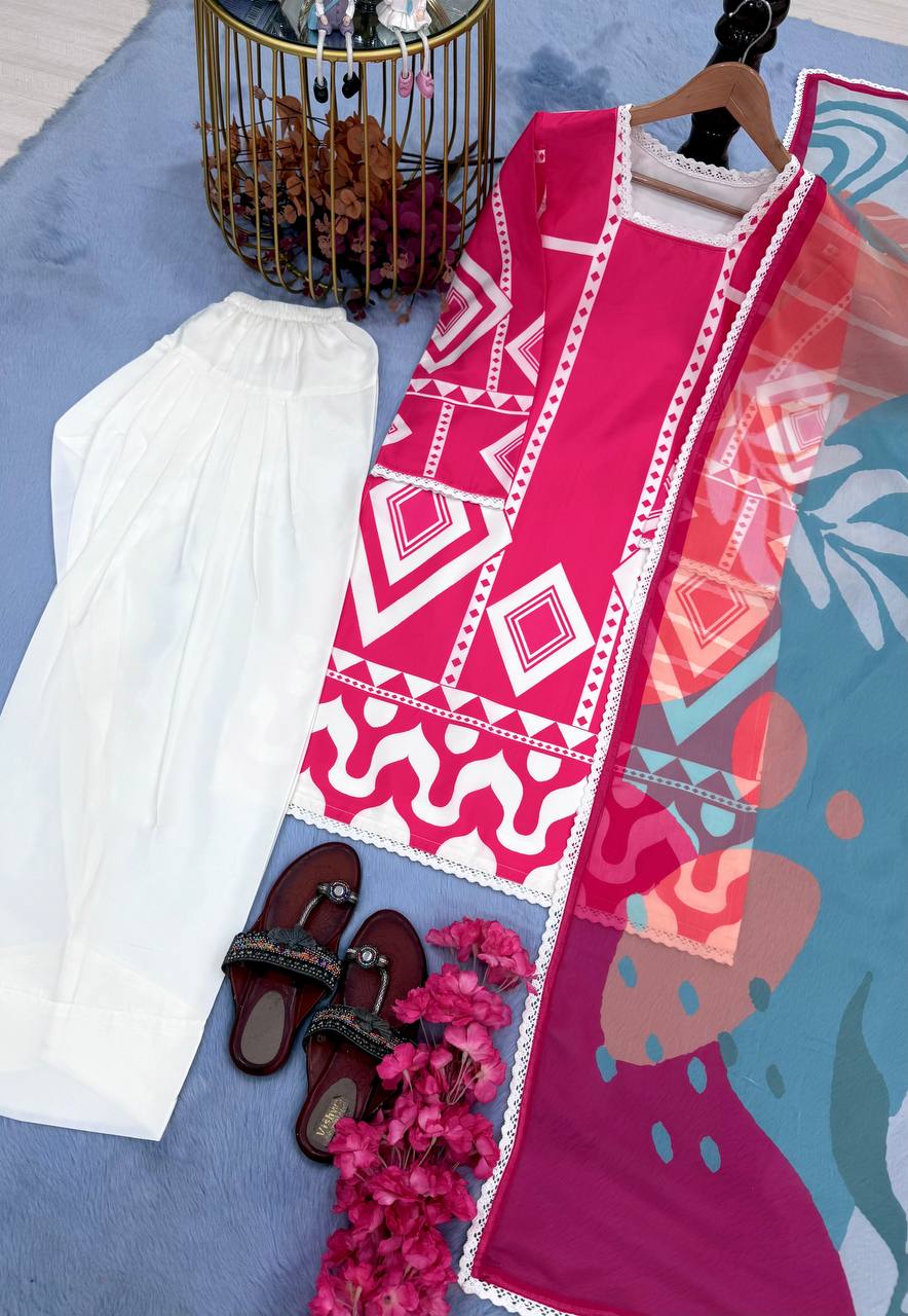 Pink Pure Natural Crepe Digital Printed Kurti Plazzo Set with Chiffon Georgette Dupatta – Fully Stitched