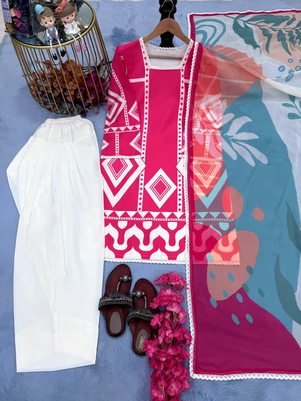 Pink Pure Natural Crepe Digital Printed Kurti Plazzo Set with Chiffon Georgette Dupatta – Fully Stitched