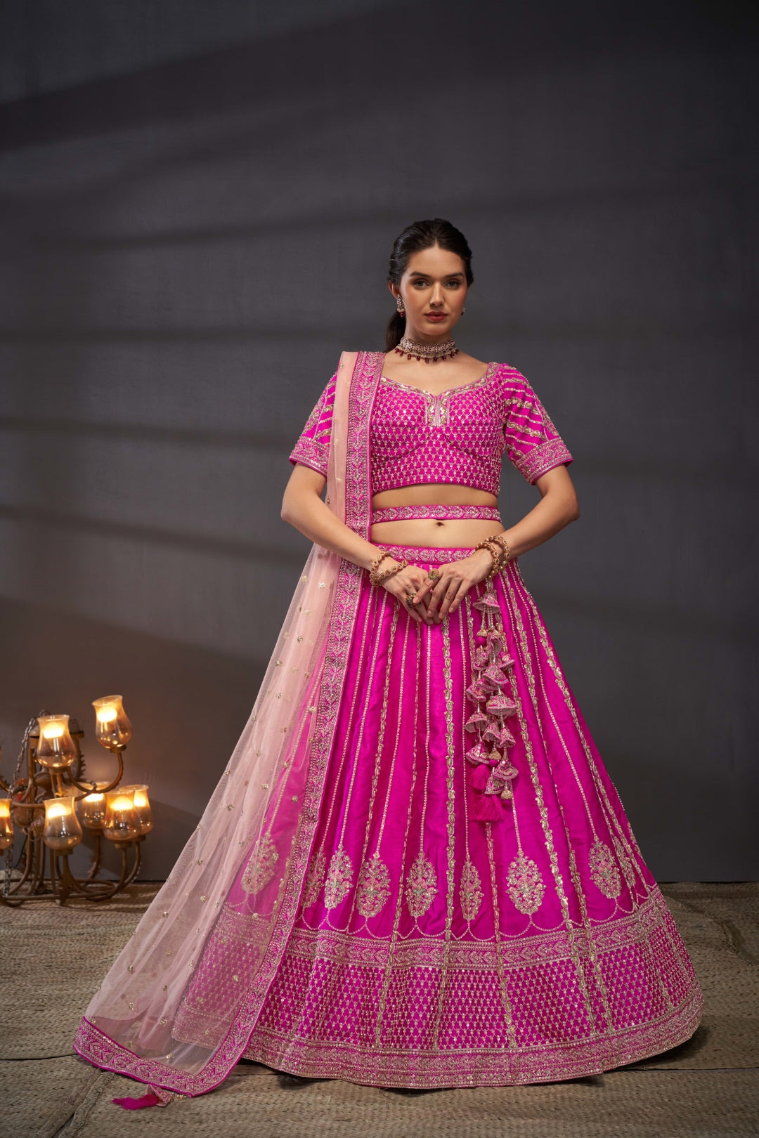 Pink Pure Silk Bridal Lehenga Choli Set with Moti, Zarkan & Sequin Embroidery