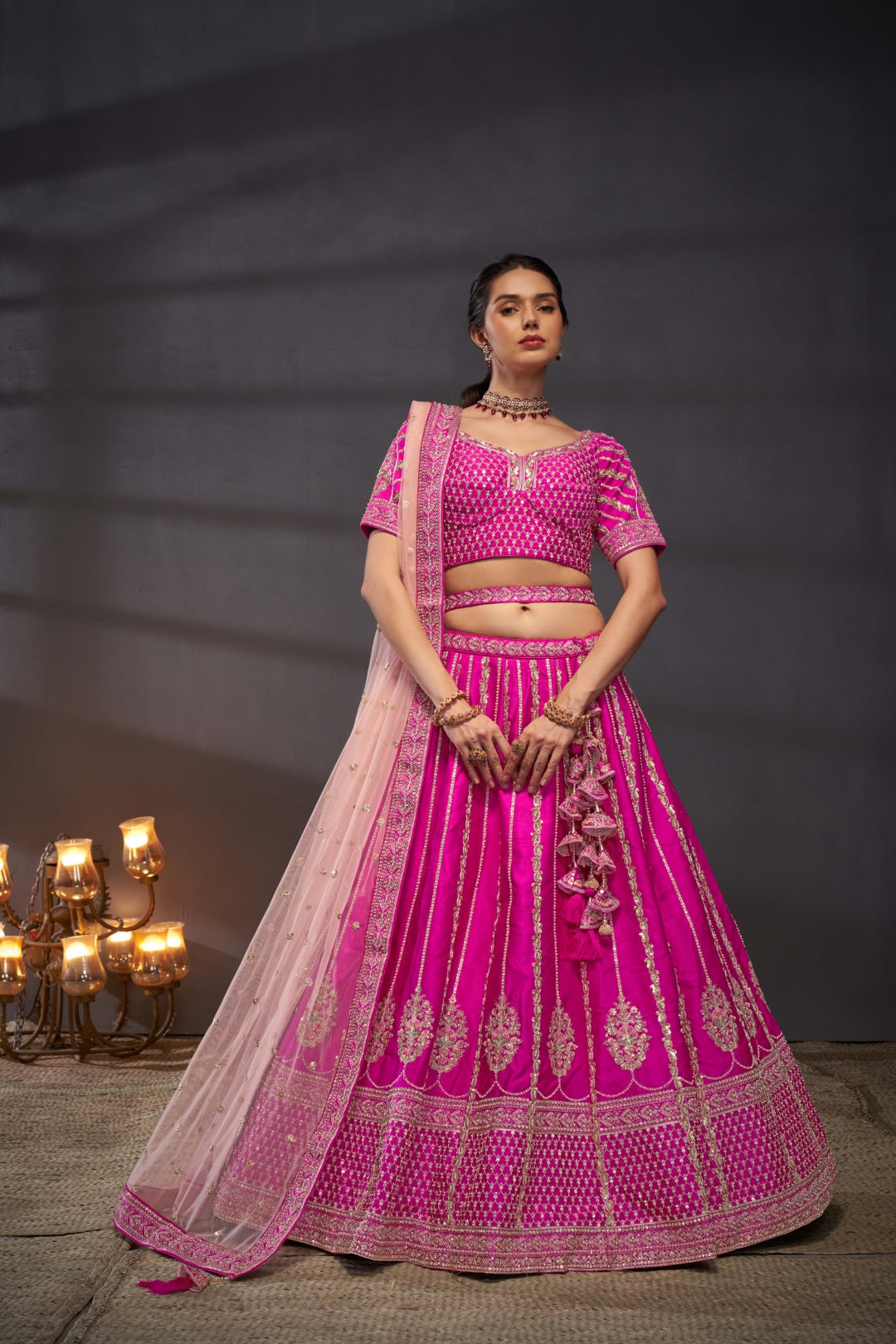 Pink Pure Silk Bridal Lehenga Choli Set with Moti, Zarkan & Sequin Embroidery