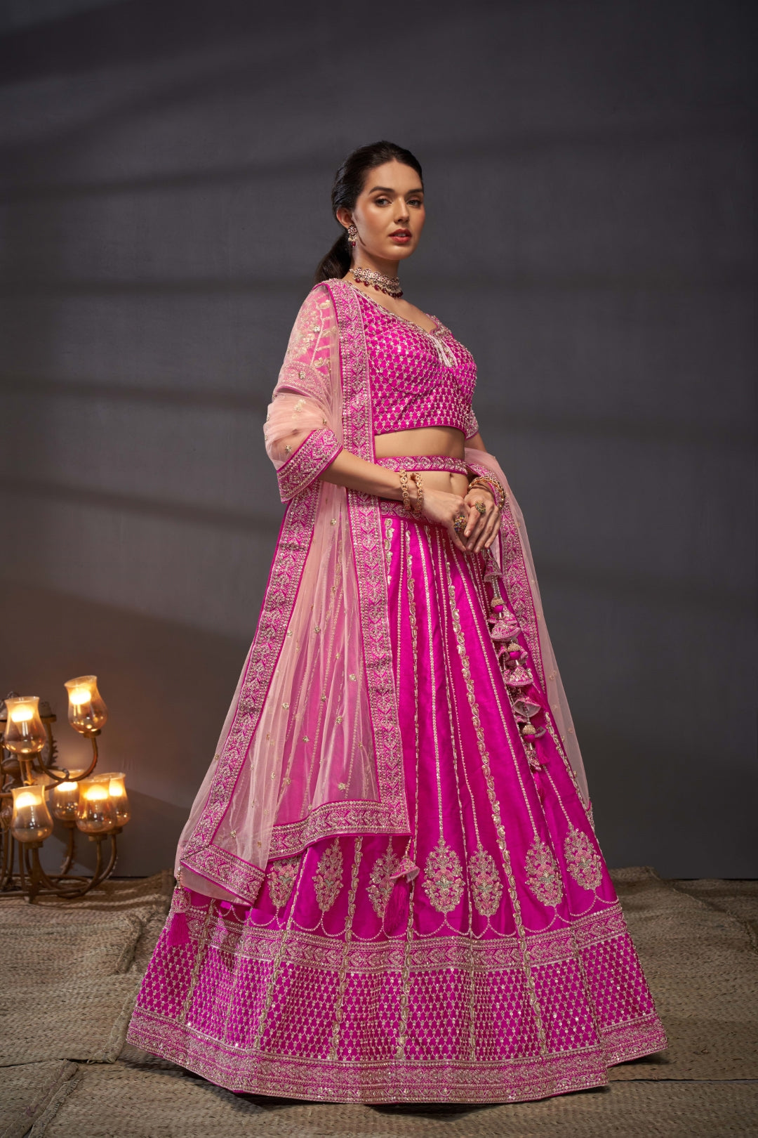 Pink Pure Silk Bridal Lehenga Choli Set with Moti, Zarkan & Sequin Embroidery