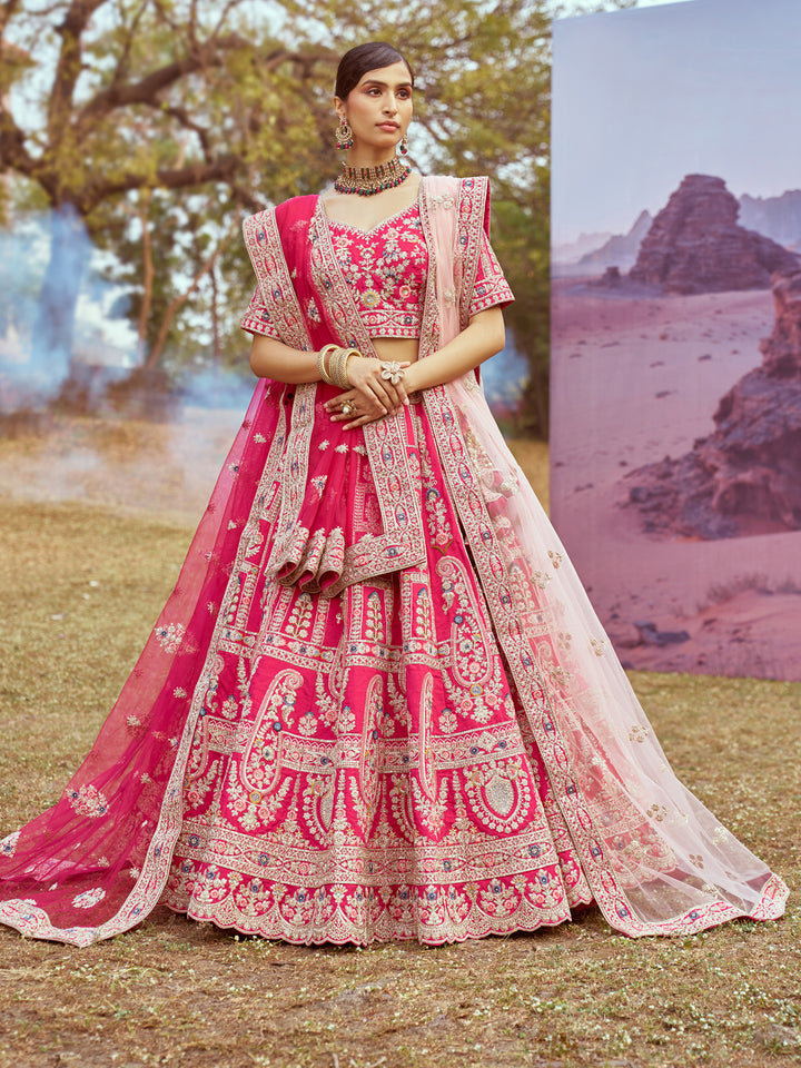 Pink Pure silk Moti, Sequins embroidery Semi-Stitched Bridel Lehenga choli & Dupatta