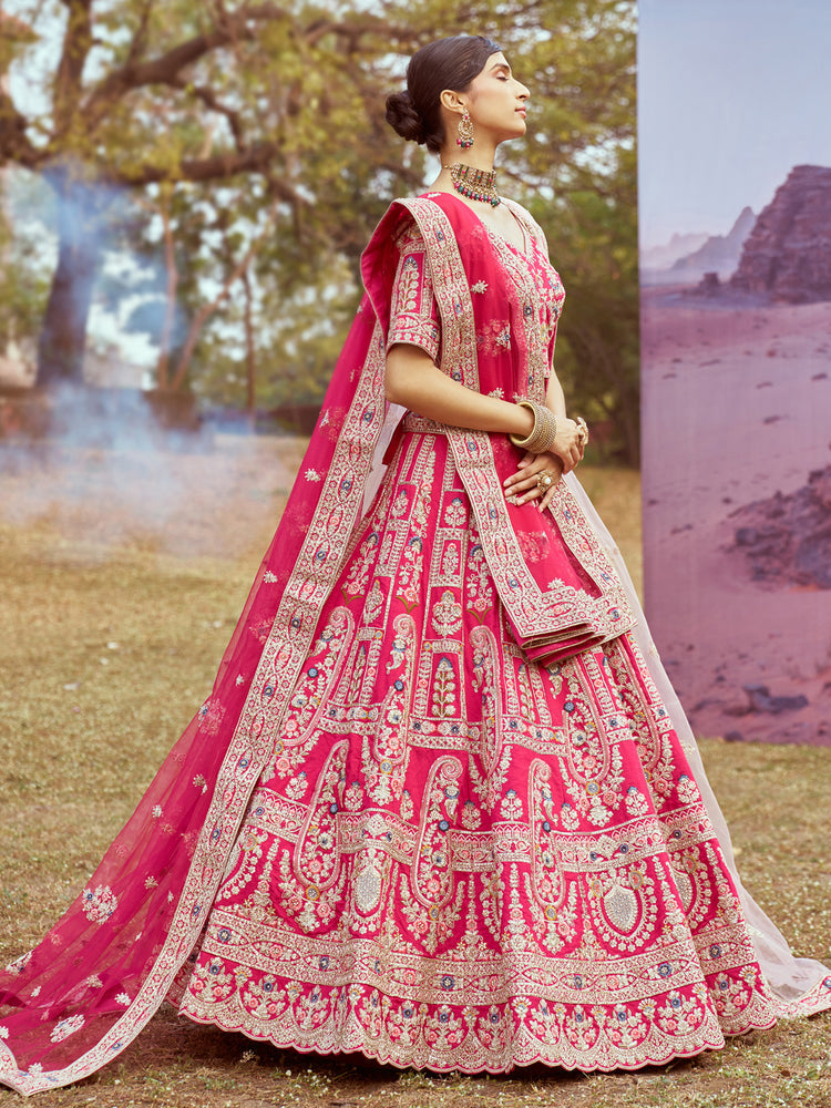 Pink Pure silk Moti, Sequins embroidery Semi-Stitched Bridel Lehenga choli & Dupatta