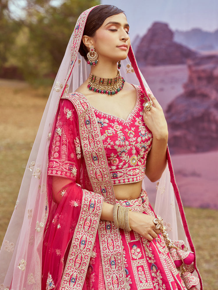 Pink Pure silk Moti, Sequins embroidery Semi-Stitched Bridel Lehenga choli & Dupatta