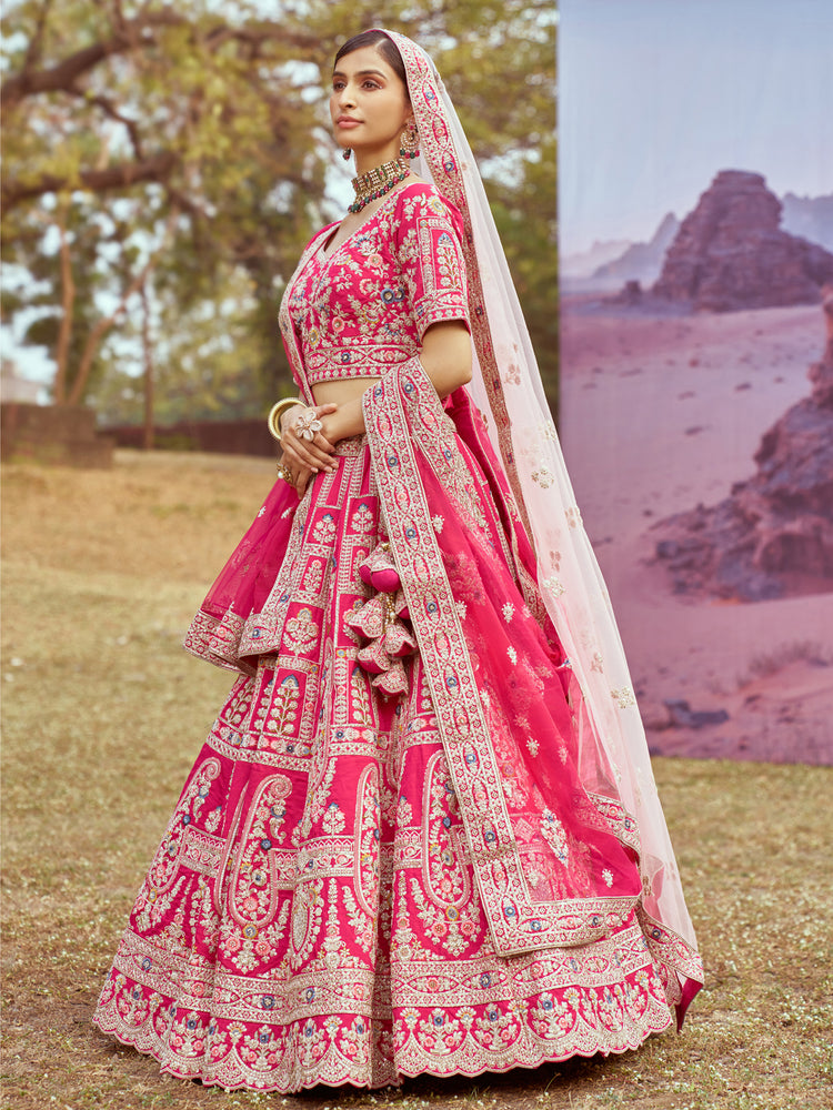 Pink Pure silk Moti, Sequins embroidery Semi-Stitched Bridel Lehenga choli & Dupatta