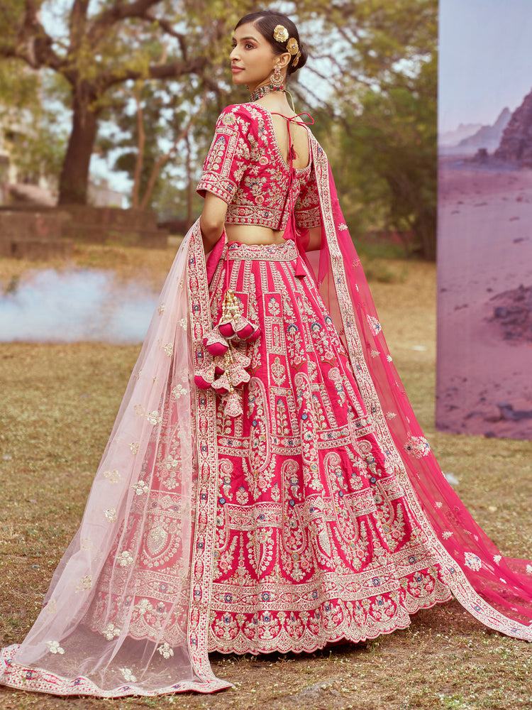 Pink Pure silk Moti, Sequins embroidery Semi-Stitched Bridel Lehenga choli & Dupatta