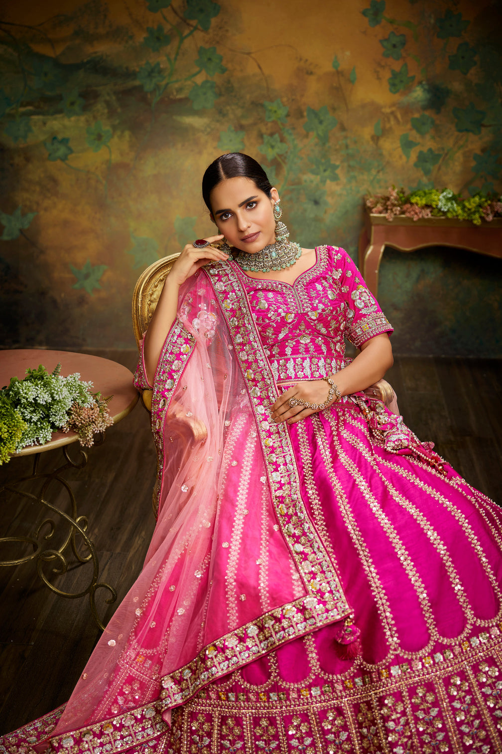 Pink Pure Silk Moti & Zarkan heavy embroidery Semi-Stitched Lehenga choli & Dupatta
